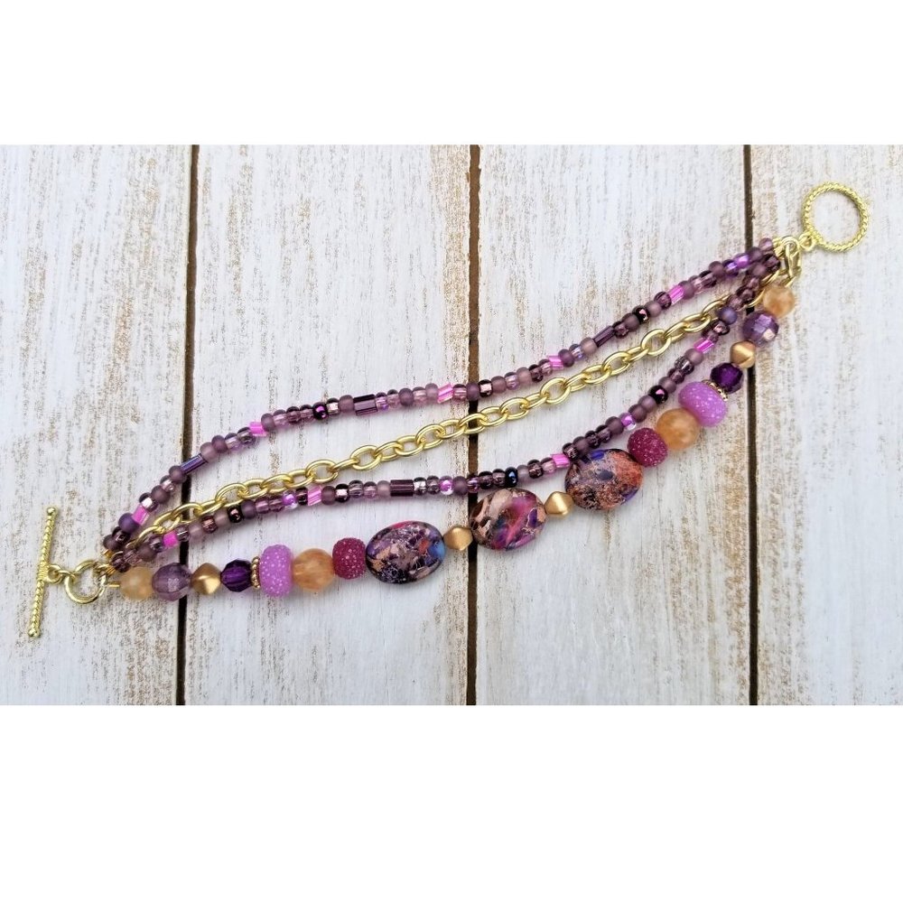 Artisan Necklace Earrings and Bracelet Set Purple Gold Magenta Stone Beads - Picture 12 of 15